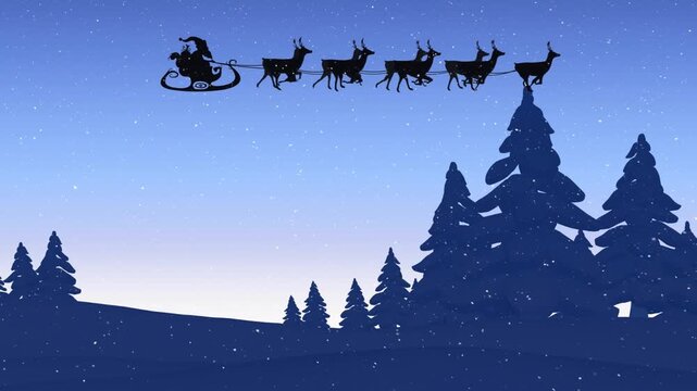Snow falling on santa claus in sleigh being pulled reindeers snow falling on winter landscape