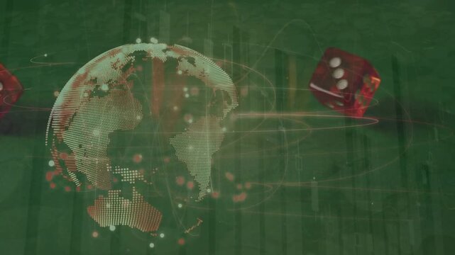 Animation of data processing and globe over dices