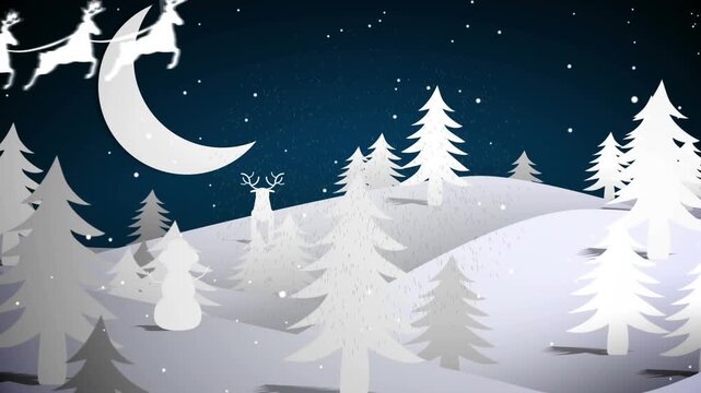 Animation of snow falling over winter landscape against santa claus in sleigh pulled by reindeers