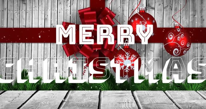 Animation of christmas greetings text over christmas baubles decorations