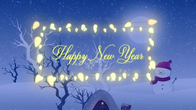 Animation of happy new year text with fairy lights over snow falling and winter landscape