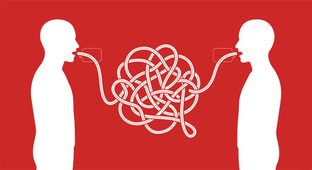 Miscommunication Concept with Tangled Rope Speech Between Two People Symbolizing Language Barrier and Confusion Illustration © Vecto Graph