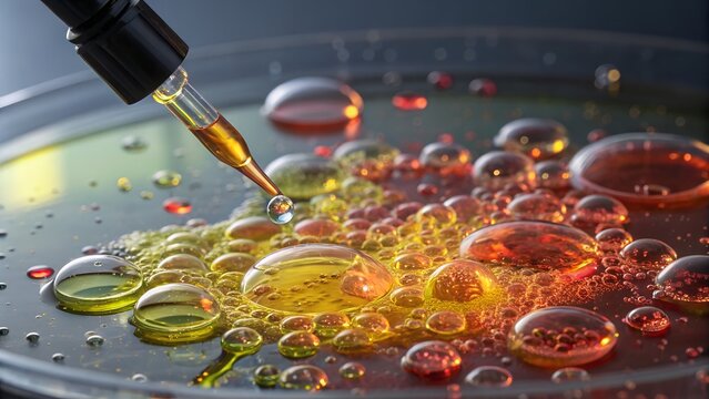 Dropper pipette adding liquid to bubbles in petri dish with surface tension