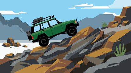 A green 4x4 off-road vehicle climbing a steep, rocky mountain path with a lake and mountains in the background, illustrated in a flat design style. © Abhinaya Project