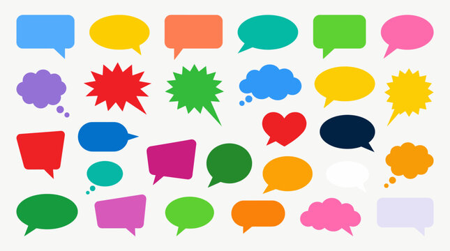 A vibrant collection of diverse speech and thought bubbles in various colors and shapes, ideal for communication concepts and graphic design.