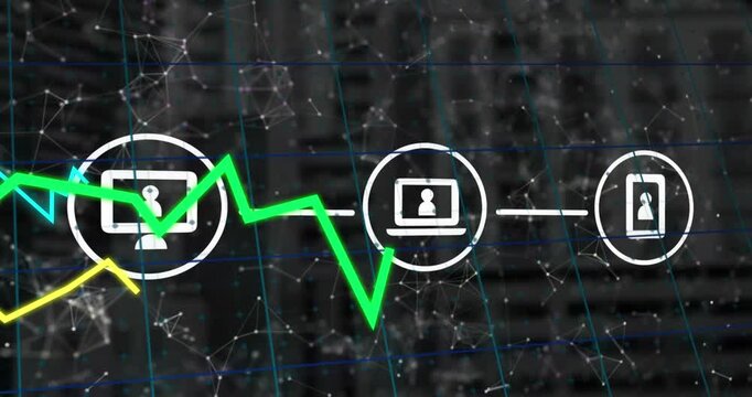 Animation of green and yellow lines, icons and data processing