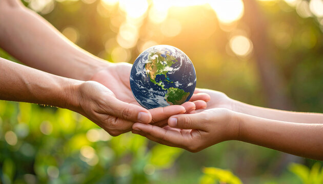 Manos de adulto y ni&ntilde;o sosteniendo el planeta Tierra en fondo natural concepto de sostenibilidad, cuidado del medio ambiente, futuro del planeta y D&iacute;a Internacional de la Madre Tierra