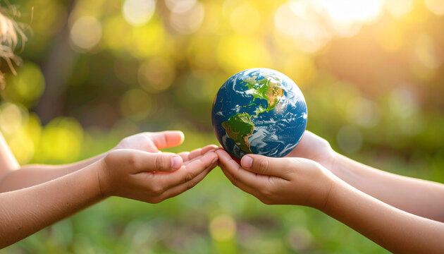 Manos de ni&ntilde;os sosteniendo el planeta Tierra en fondo natural concepto de sostenibilidad, cuidado del medio ambiente, futuro del planeta y D&iacute;a Internacional de la Madre Tierra