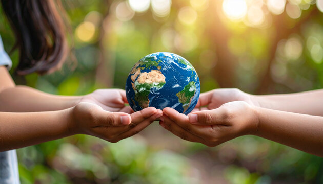 Manos de ni&ntilde;os sosteniendo el planeta Tierra en fondo natural concepto de sostenibilidad, cuidado del medio ambiente, futuro del planeta y D&iacute;a Internacional de la Madre Tierra