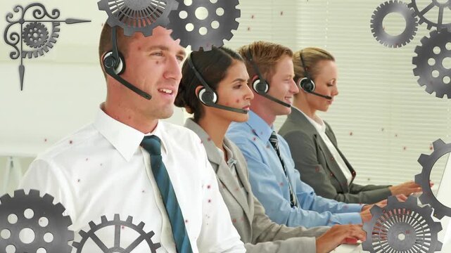 Animation of mechanical gears over diverse agents talking with customers wearing headphones