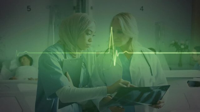 Animation of heart rate monitor over diverse doctors