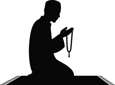 Silhouette person kneeling on prayer mat with beads, hands raised in supplication, Islamic devotion spirituality religion vector illustration design