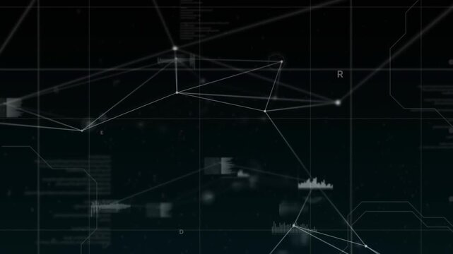 Animation of graphs, database, connected dots and circles with sound waves on black background