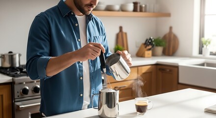 Fototapeta premium Man pouring coffee in kitchen.