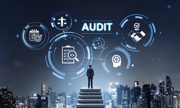 Business audit concept with businessman observing digital compli