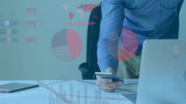 Animation of digital data processing over caucasian man using laptop