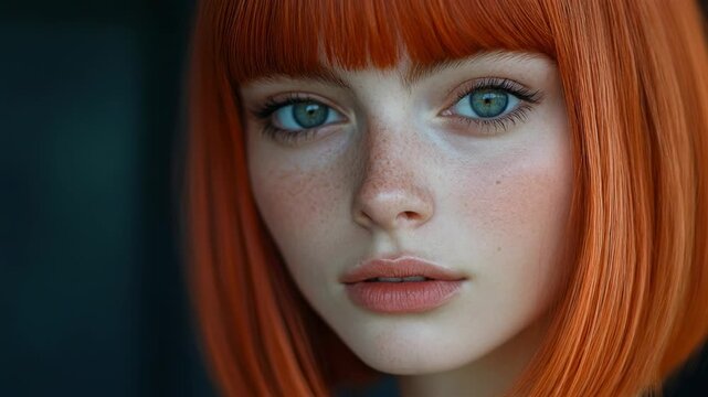 Close-up portrait of a young beautiful woman with bright red hair slowly opening her blue eyes