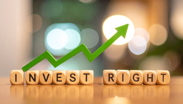 Holzklötze bilden das Wort "Invest Right", mit einem steigenden grünen Pfeil.