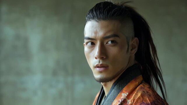 Handsome ancient asian warrior with a ponytail turning his head and staring intensely at the camera