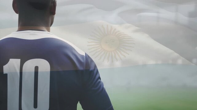 In stadium, soccer player wearing blue jersey with Argentina flag animation overlay