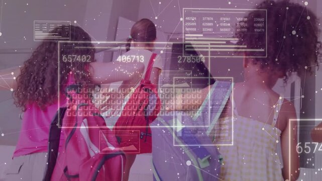 Four girls with backpacks walking through hallway to doorway, showing floating education data grids