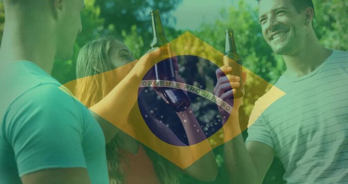 Holding drinks outdoors, people celebrating with Brazilian flag animation overlay