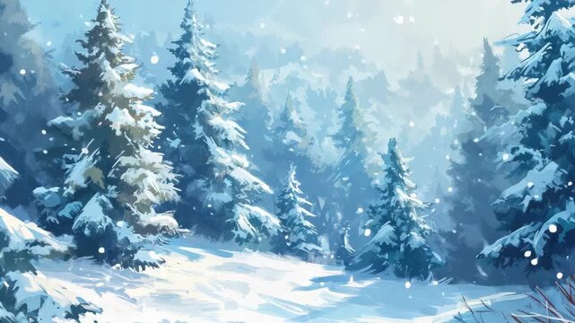 Winter forest with evergreen trees and snow-covered landscape. Santa Claus in a winter scene, by an artist.