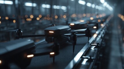 Fototapeta premium Drones on a production line in a factory during the evening hours with lights in the background