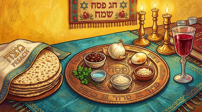 Traditional Jewish Seder Plate with Matzo