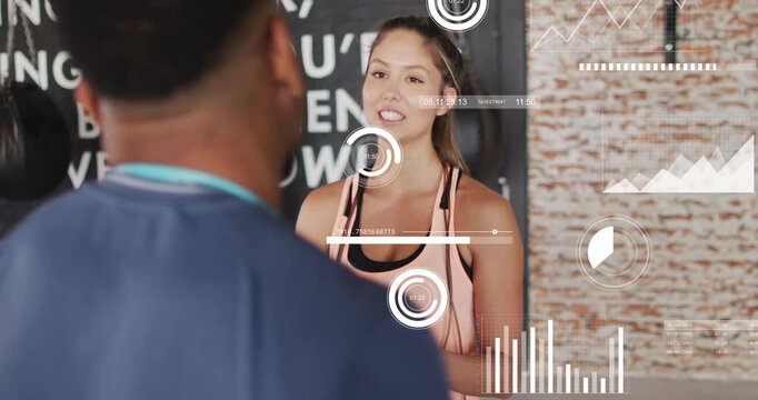 Client answering trainer in gym, showing tips improving form while HUD charts rising near jump rope