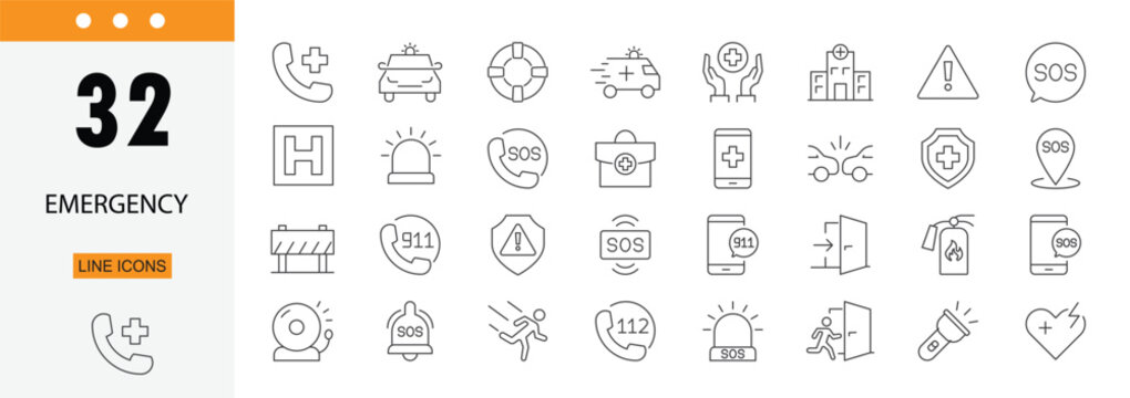 Emergency icons set representing urgent help, ambulance, alert, first aid, rescue and crisis situations. Editable Stroke.