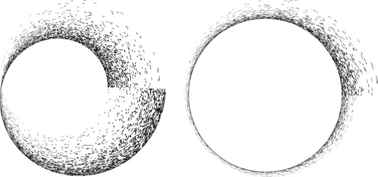  Distress basic geometric shape design . Noise dispersion circle logo . Spray effect .Grunge, grainy, gritty texture with circle frame. Distressed circle element .vector 