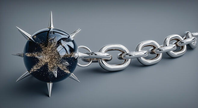 spiked wrecking ball attached to metal chain in futuristic style