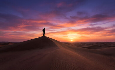 Fototapeta premium Lone Traveler Reflecting in Majestic Desert Sunset