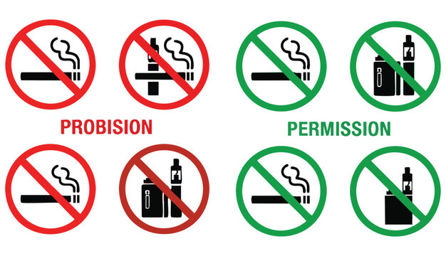 Smoking and vaping signs icon set. No smoking and smoking allowed signs with cigarette and e cigarette symbols. Prohibition and permission signs for public places. Tobacco and vaping rules.