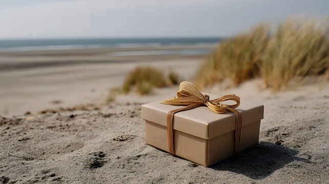 A simple brown gift box with a raffia bow sits on a sandy beach dune with the ocean in the background