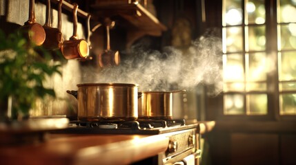 Fototapeta premium Cozy Traditional Kitchen with Steam Rising from Pots on an Old Stove