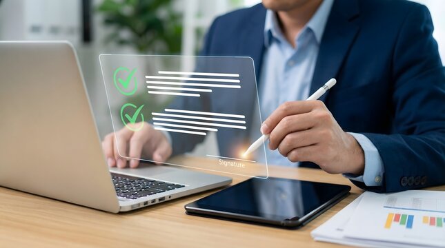 Businessman in a blue shirt is digitally signing a document on a tablet using a stylus, with virtual checkboxes indicating successful completion, emphasizing modern e-signature solutions.