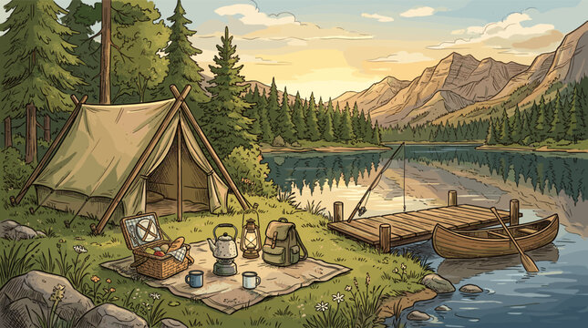 A serene illustrated campsite by a mountain lake. A tent, picnic, and boat create a peaceful scene for travel, adventure, and outdoor lifestyle concepts.