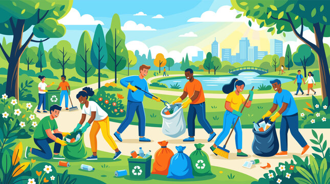 Illustration of diverse volunteers cleaning a park. People collect trash and recycle for environmental care. Ideal for community, ecology, and Earth Day projects.