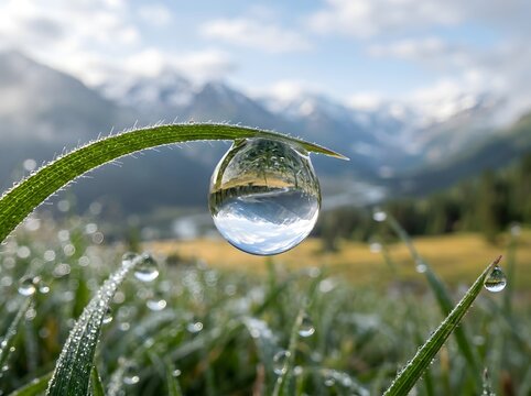 Macro photograph captures a perfect dewdrop magnifying an inverted mountain valley landscape on green grass