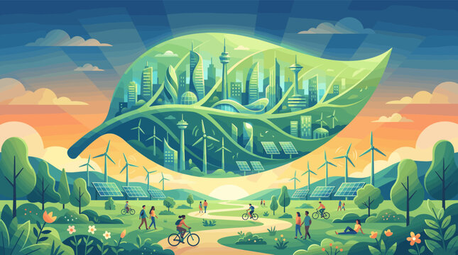 A futuristic green city inside a giant leaf, powered by wind and solar energy. People enjoy nature below. Concept for sustainability, ecology, and future urban living.