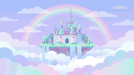 Naklejka premium A magical fairytale castle on a floating island in a dreamy pastel sky. A soft rainbow arches over the whimsical palace, creating an enchanting scene for kids stories or backgrounds.