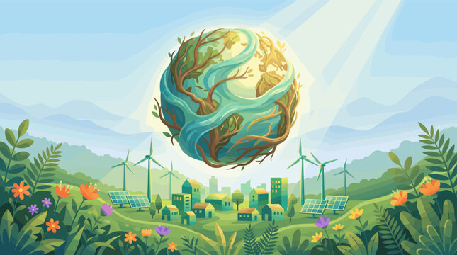 Vector illustration of a green city with solar panels and wind turbines. A lush Earth floats above, symbolizing harmony, sustainability, and a clean future for our planet.