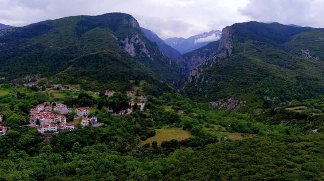 Aerial View of Litochoro Town with Mount Olympus in the Background