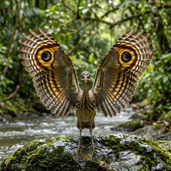 Exotic Sunbittern bird displaying its striking wings with beautiful eye-like patterns in a lush jungle habitat. © noah