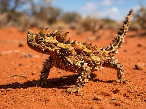 A thorny devil lizard with impressive spiky scales walking across the vast red arid desert.