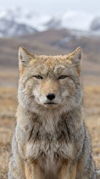 A captivating close-up portrait of a wild Tibetan fox staring directly at the camera with an unblinking gaze.