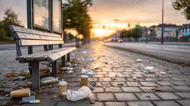 Litter and Waste After Rush Hour in Urban Area with Sunset Background