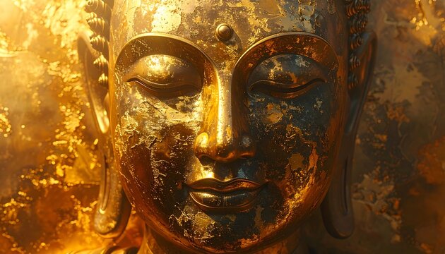 Close-up of golden Buddha statue, serene face, textured surface, warm light
